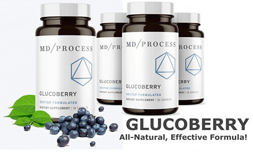 A bottle of GlucoBerry, the tiny purple berry supplement for blood sugar management.