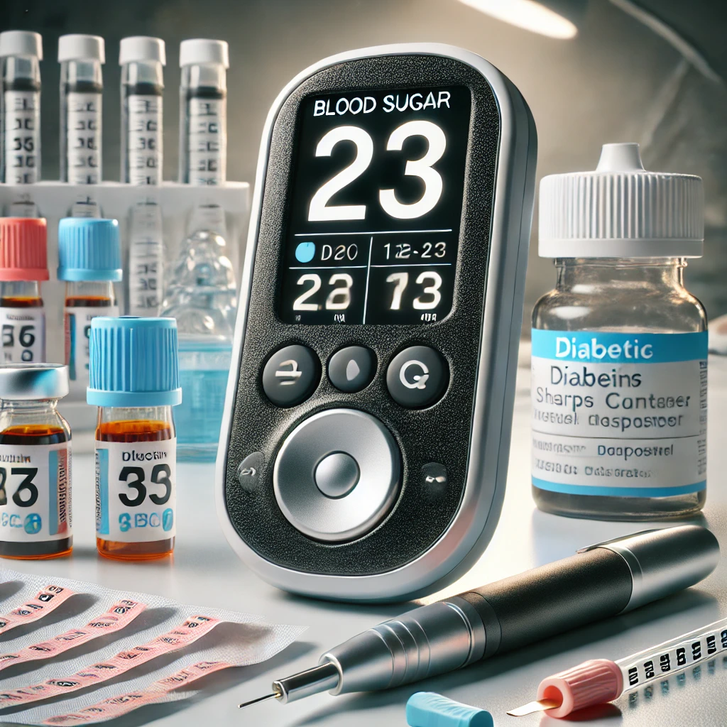 A detailed image showing a modern blood sugar monitor with a digital glucose level readout, surrounded by diabetic supplies like insulin pens and test strips, on a clean medical desk, emphasizing the importance of regular glucose monitoring.