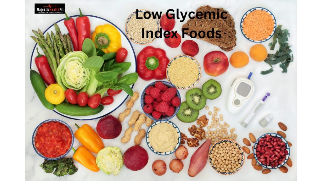 Vegetables, fruits, and a blood sugar meter for managing blood sugar with low glycemic index foods."