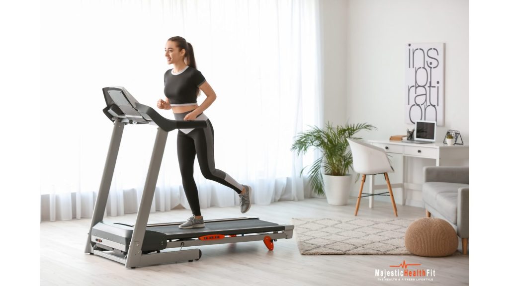 Woman running on a treadmill at home for fitness, part of the best treadmills on Amazon guide."