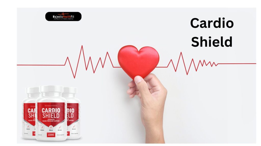 Cardio Shield supplement bottles next to a heart symbolizing heart health support."